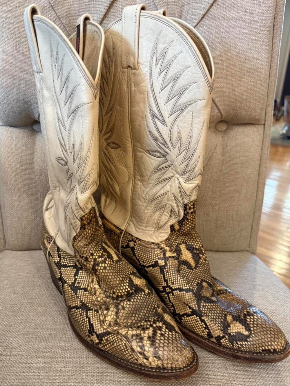 VTG Dan Post White Leather & Snakeskin Cowboy Boots Size 11